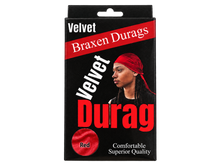 Load image into Gallery viewer, Braxen Velvet Durag package – Red, color shown in viewing window, transparent background

