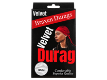 Load image into Gallery viewer, Braxen Velvet Durag package – White, color shown in viewing window, transparent background
