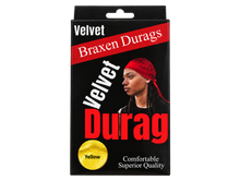 Load image into Gallery viewer, Braxen Velvet Durag package – Yellow, color shown in viewing window, transparent background
