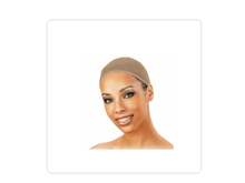 Load image into Gallery viewer, Beige stocking wig cap shown on a model
