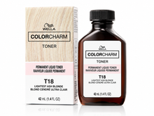 Load image into Gallery viewer, Wella Color Charm T18 Lightest Ash Blonde Permanent Liquid Hair Toner 1.4 fl oz, bottle and box
