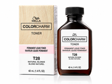 Load image into Gallery viewer, Wella Color Charm T28 Natural Blonde Permanent Liquid Hair Toner 1.4 fl oz, bottle and box
